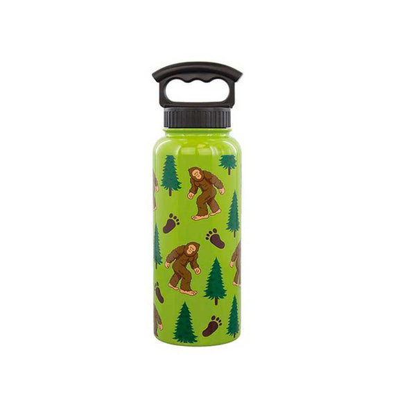 Fun insulated stainless steel water bottle with a pattern of Bigfoot creatures