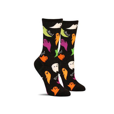 Black Halloween socks with a pattern of colorful ghosts saying, “Boo!”