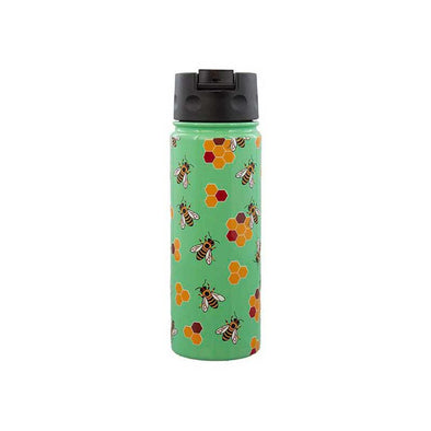 Colorful, stainless steel water bottle with a pattern of bees and honeycombs