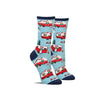 Fun women’s Christmas socks in light blue with camper trailers all decorated
