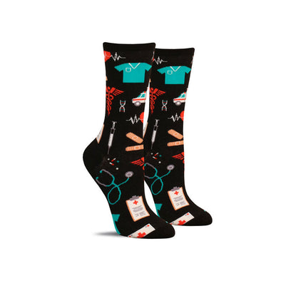Cute women’s medical socks with ambulances, syringes, pills, scrubs and more