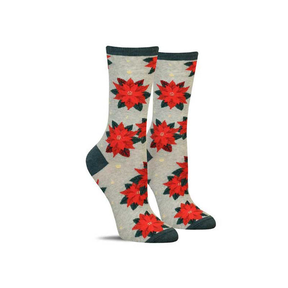 Fun women’s Christmas socks with a pattern of poinsettia blooms