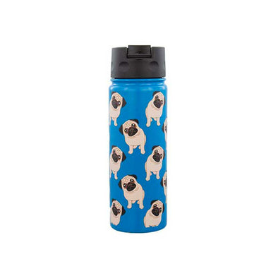 Fun, insulated water bottle covered in images of pugs
