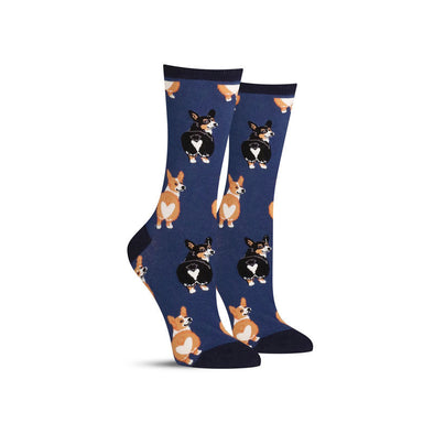 Funny Corgi dog socks in blue where they’re showing off the cute heart markings on their butts