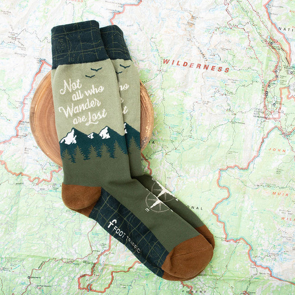 Cool nature socks that say "Not all who wander are lost"