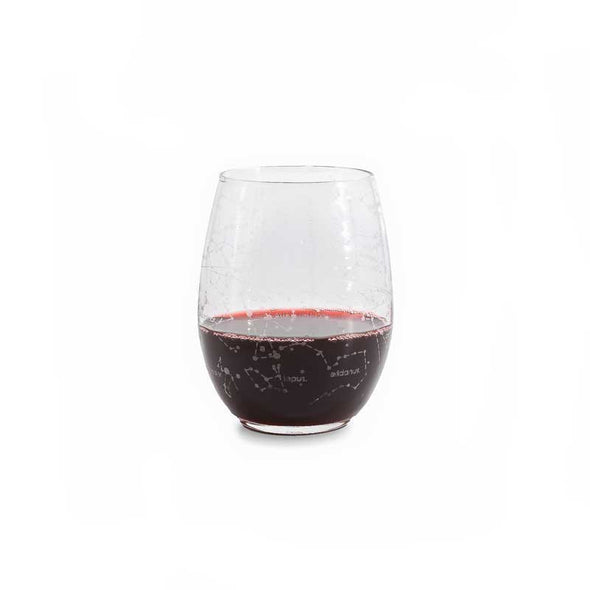 Stemless wine glasses etched with the stars & constellations of the northern hemisphere in winter