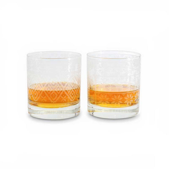 Set of two rocks glasses engraved with classic holiday sweater designs