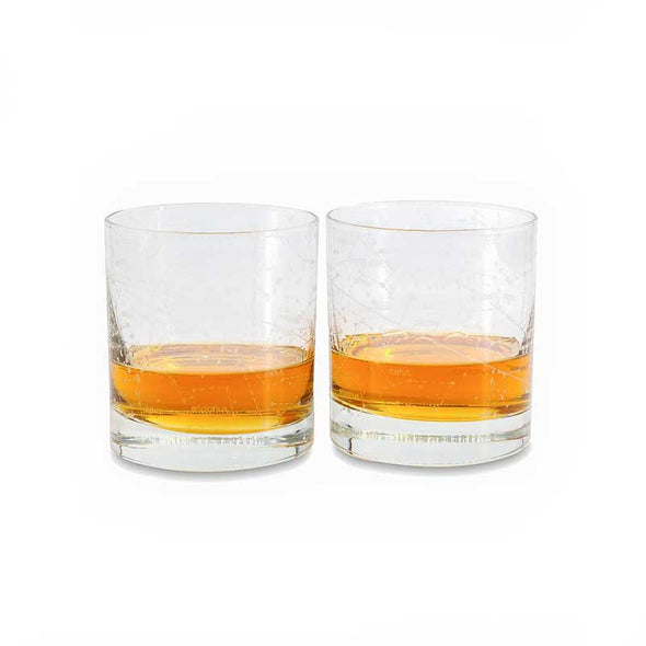 Set of two rocks glasses etched with the stars & constellations of the northern hemisphere in winter