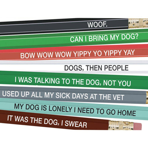 Close up of the set of 8 Standard No. 2 pencils with funny slogans for dog people
