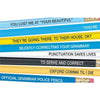 Close up of the set of 8 Standard No. 2 pencils with witty slogans for the grammar police