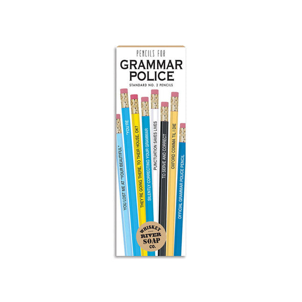 A set of 8 Standard No. 2 pencils with witty slogans for the grammar police