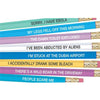 Close up of the set of 8 Standard No. 2 pencils with funny slogans for introverts