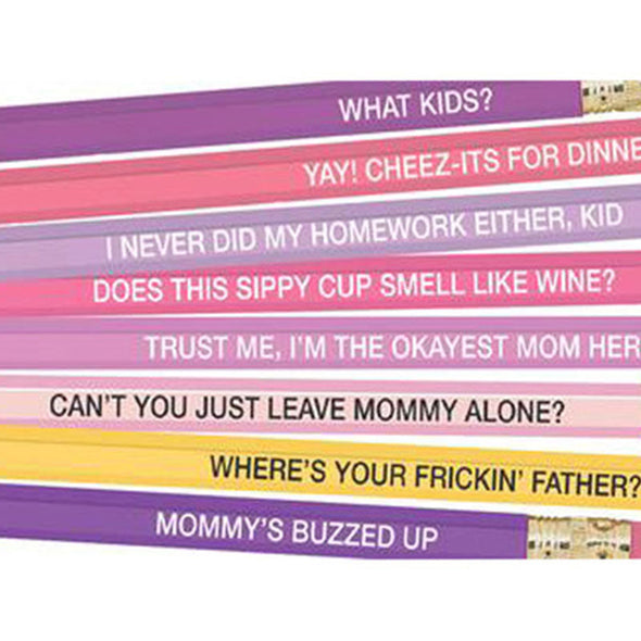 Close-up image of the set of 8 Standard No. 2 pencils with funny slogans for moms