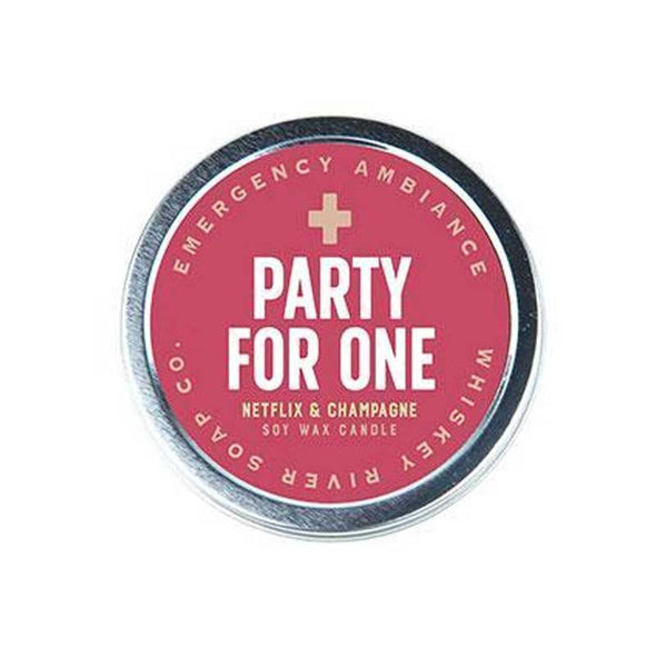 Funny scented candle tin that says, “Party for one”