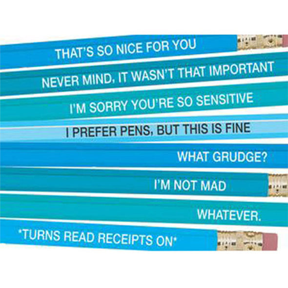 Close up of the set of 8 Standard No. 2 pencils with passive aggressive slogans