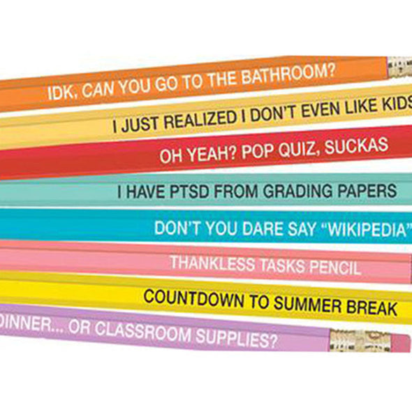 Close up of the set of 8 Standard No. 2 pencils with funny slogans for teachers