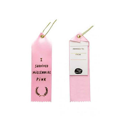 Funny fake award ribbon with a laurel wreath and the words “I survived millennial pink”